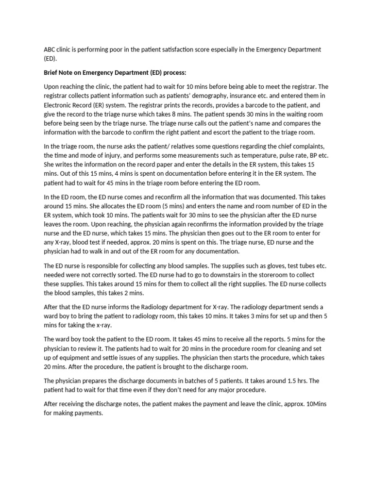 Improving ED Patient Satisfaction at ABC Clinic | PDF | Emergency ...