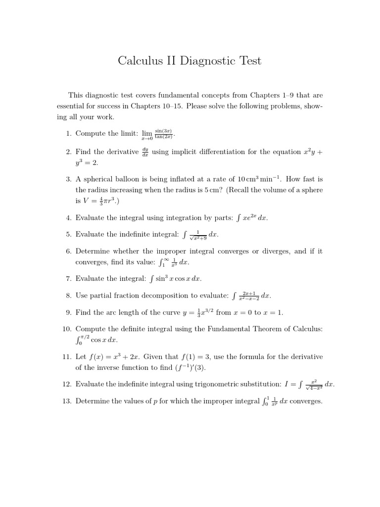 Calculus II Diagnostic Test Solutions | PDF | Integral | Trigonometric ...