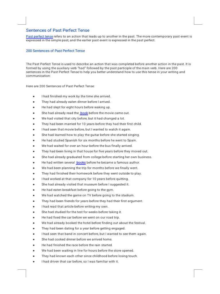 200 Examples of Past Perfect Tense | PDF | Perfect (Grammar) | Syntax