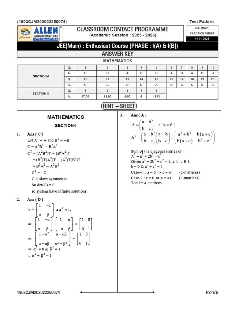 1111 Matrices FINAL ANS - HS | PDF | Algebra | Mathematical Analysis