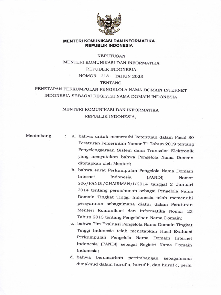 PANDI Ditetapkan sebagai Registri Domain Indonesia | PDF