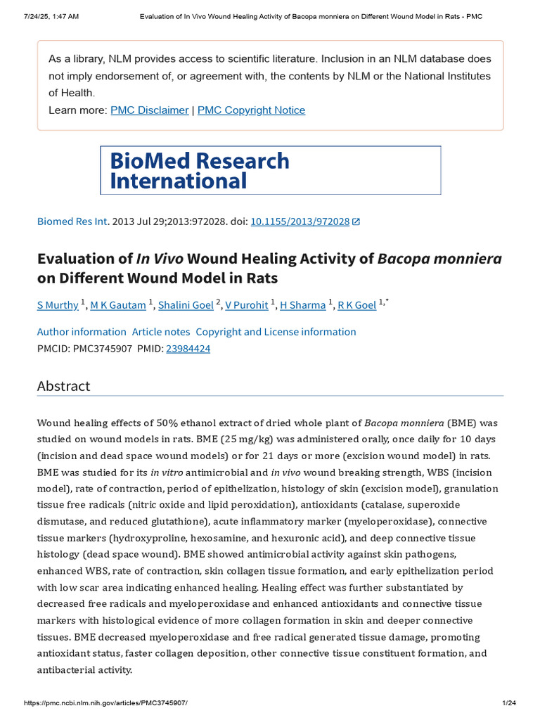 Evaluation of in Vivo Wound Healing Activity of Bacopa Monniera On ...