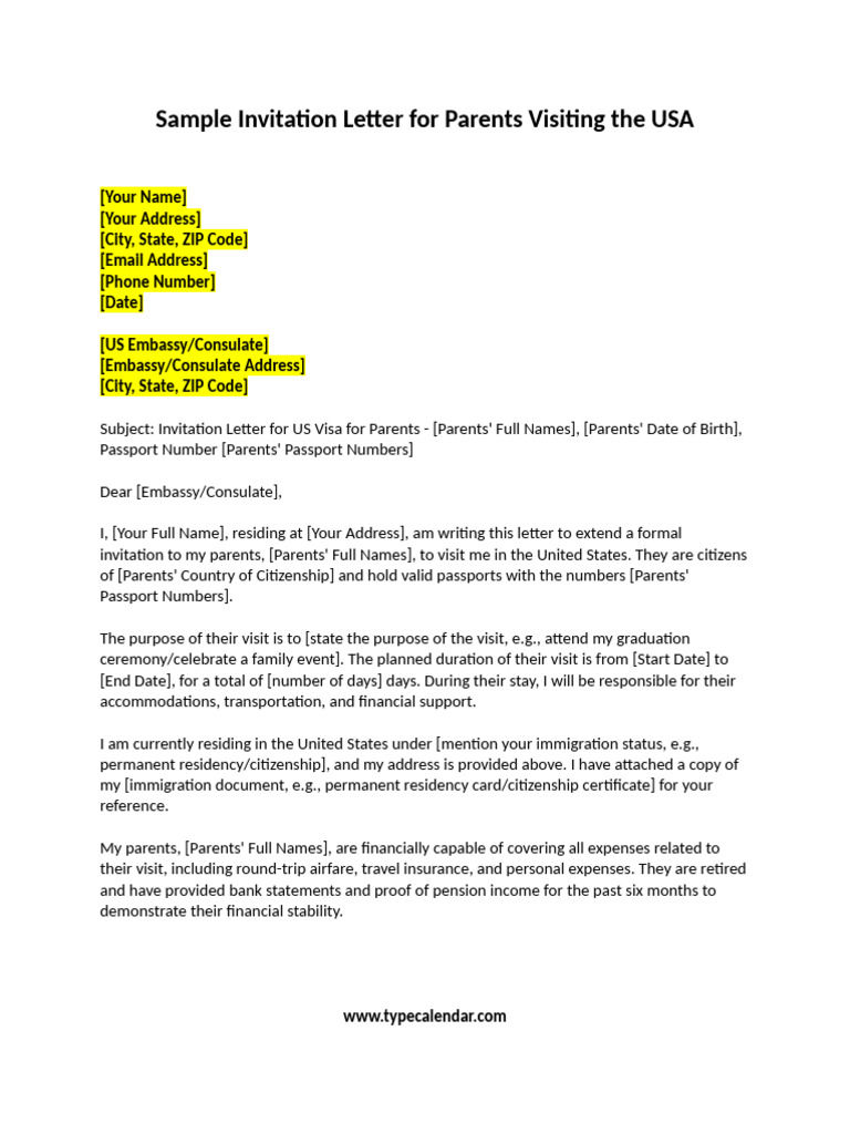 Sample Invitation Letter For Parents Visiting The USA | PDF | Travel ...