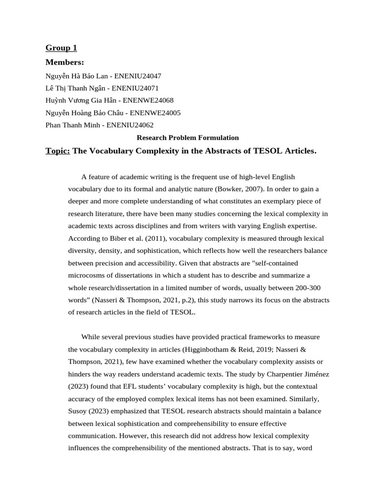 Group 1 - Research Problem Formulation - The Vocabulary Complexity in ...