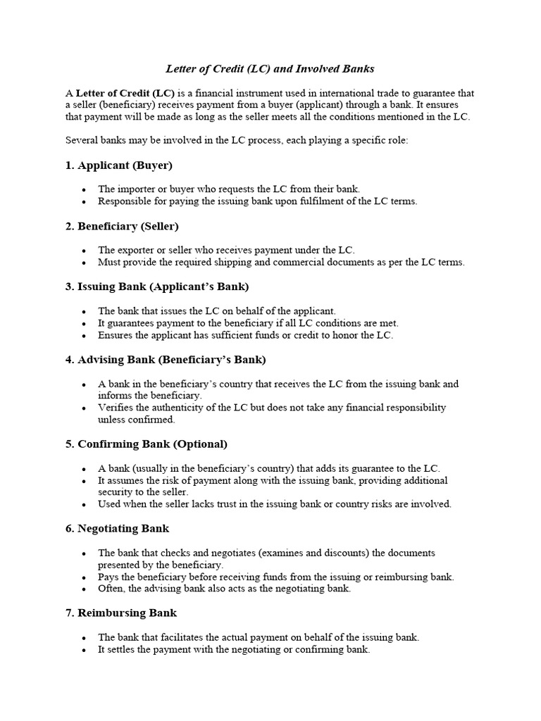 Letter of Credit (LC) and Involved Banks | PDF | Letter Of Credit | Invoice