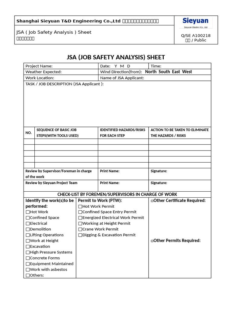 QSE A100218 JSA (Job Safety Analysis) Sheet | PDF | Personal Protective ...