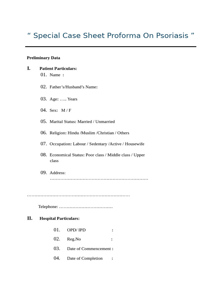 Psoriasis Special Case Sheet Proforma | PDF | Human Diseases And ...