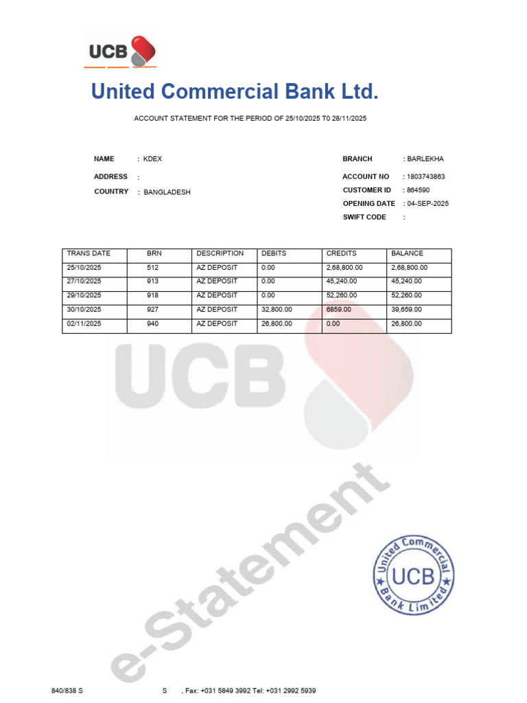 Ucb Bank Statement PDF