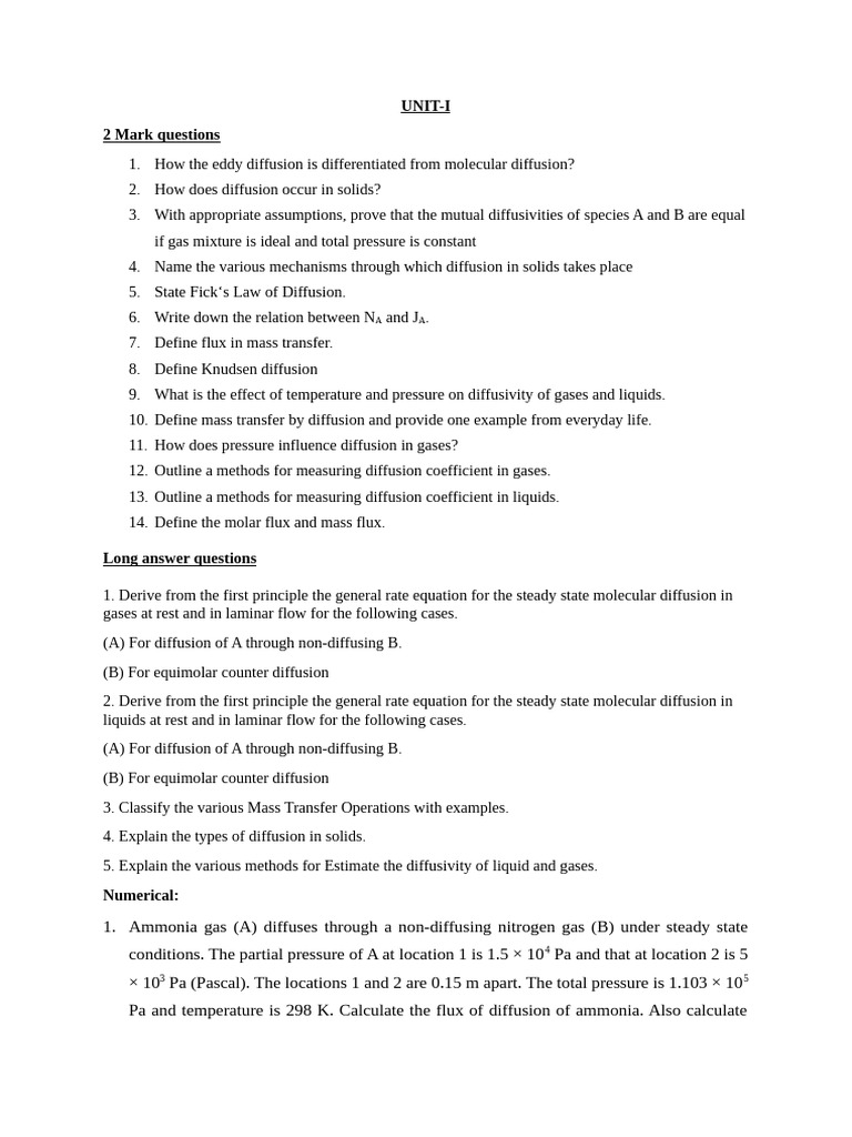 Diffusion Principles and Calculations | PDF | Diffusion | Gases