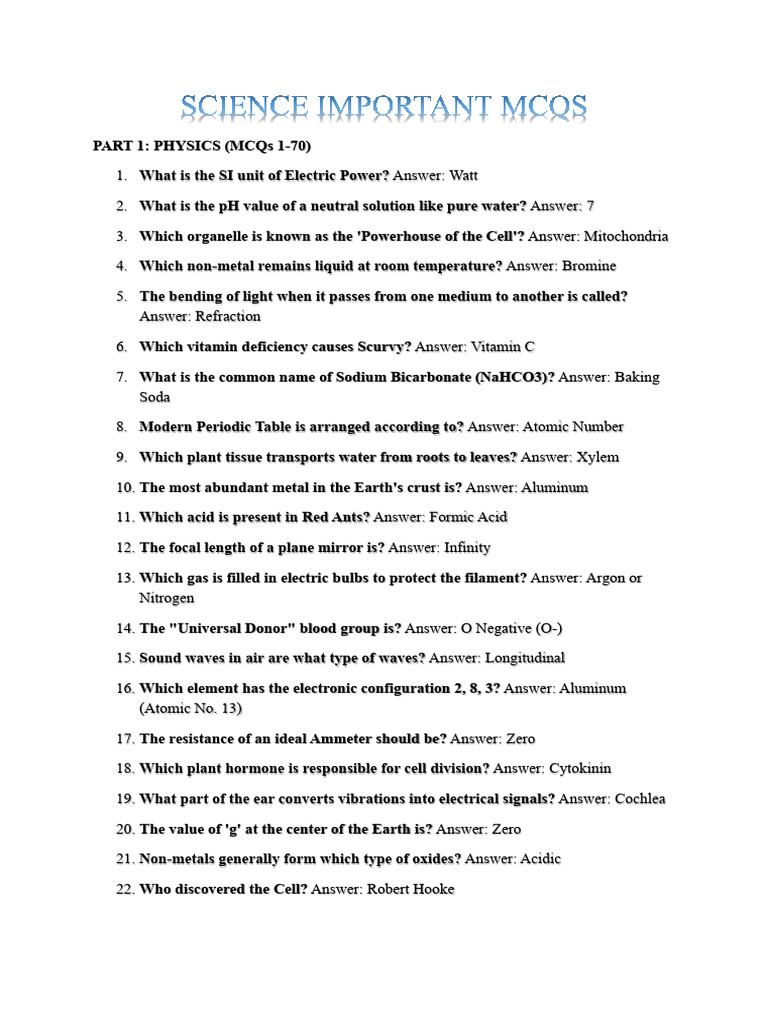 Science Important Mcqs | PDF | Acid | Carbon Dioxide
