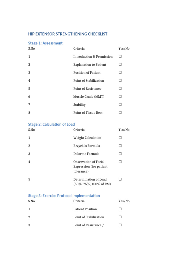 Hip Extensor Strengthening Checklist | PDF