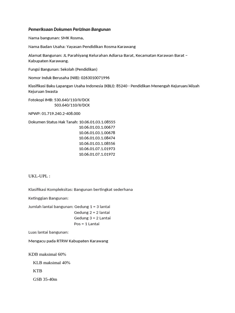 Perizinan Bangunan SMK Rosma Karawang | PDF