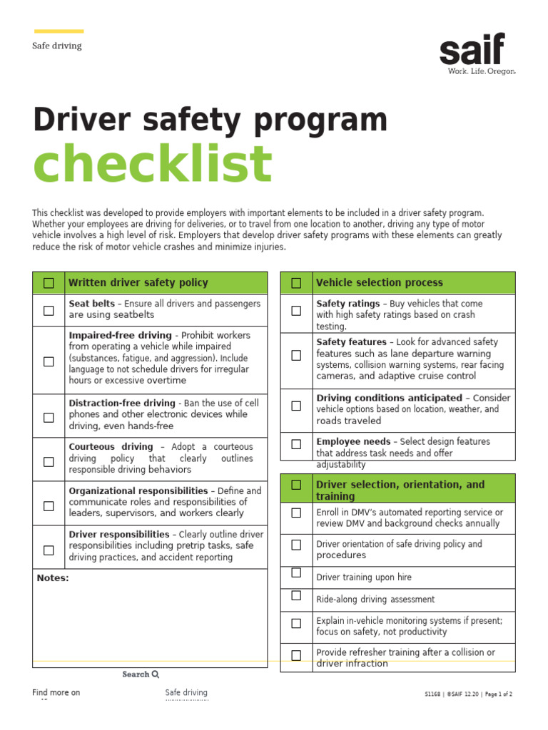 S1168 Driver Safety Program Checklist | PDF | Traffic Collision | Road ...