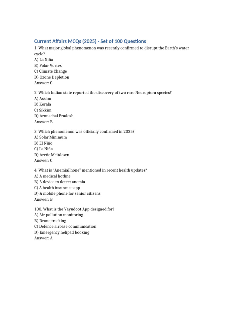 Current Affairs 100 MCQs | PDF