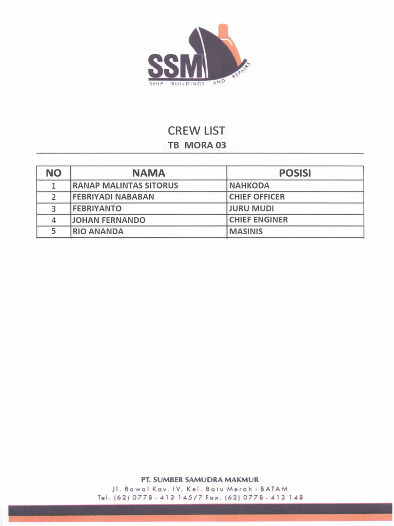 Crew List Tb. Mora 03 | PDF