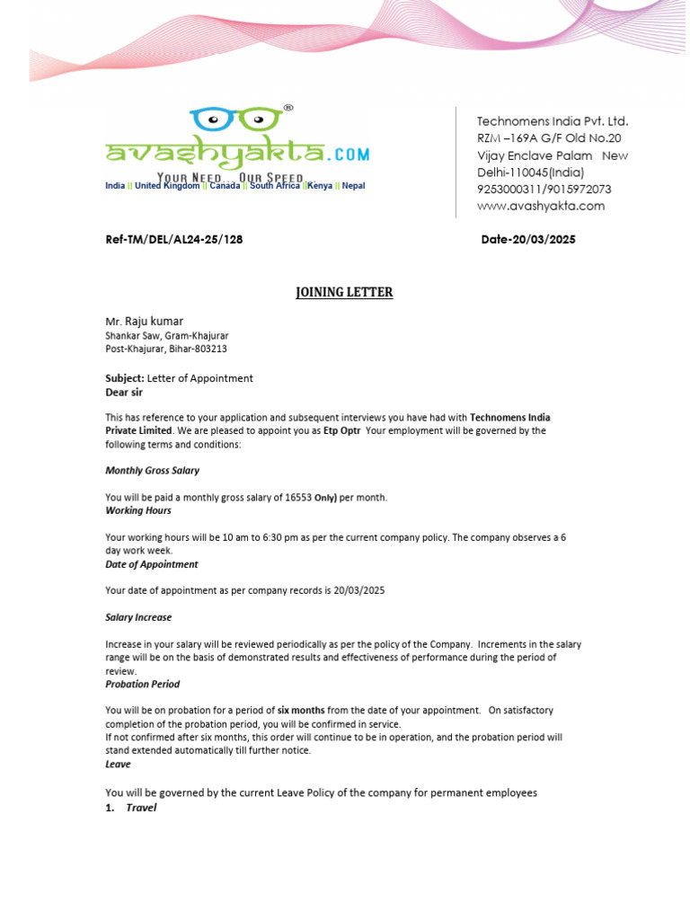 Appointment Letter for Mr. Raju Kumar | PDF | Salary | Employee Relations