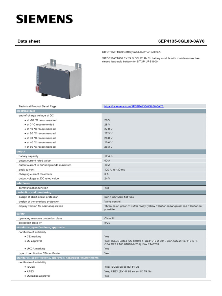 SITOP BAT1600 Battery Module Data Sheet | PDF | Power Supply | Fuse ...
