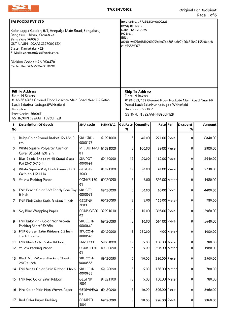Tax Invoice for SAI Foods Pvt Ltd | PDF