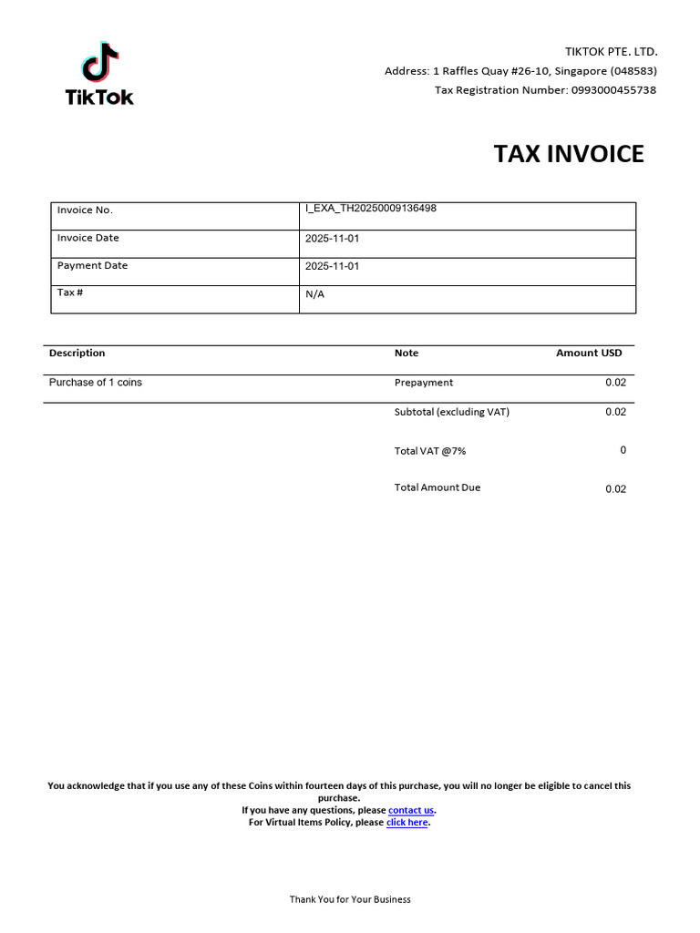 TikTok Tax Invoice for Coin Purchase | PDF