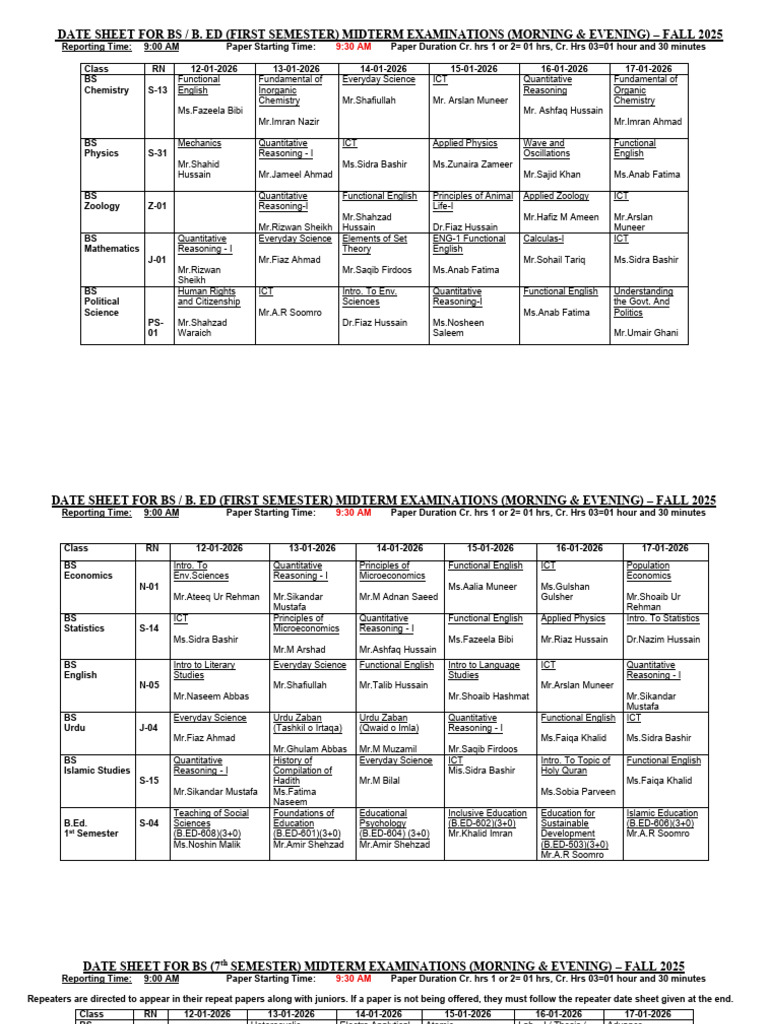 Fall 2025 BS/B.Ed Midterm Exam Schedule | PDF | Physics