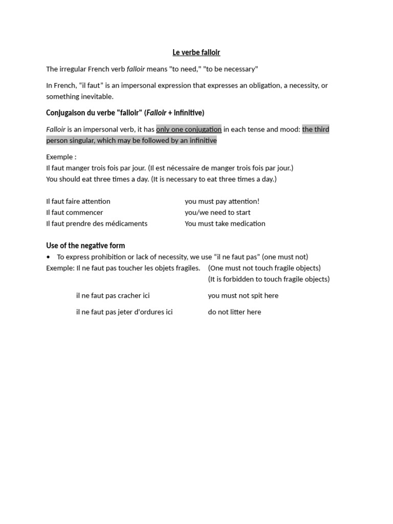 Understanding the French Verb Falloir | PDF