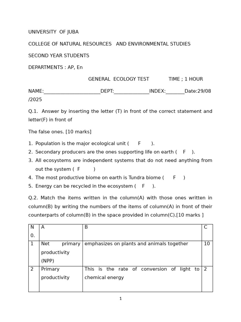 General Ecology Test for Students | PDF | Ecology | Ecosystem
