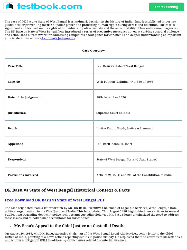 DK Basu Vs State of West Bengal (1996) - Case Analysis | PDF