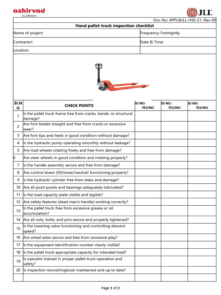 Hand Pallet Truck Inspection Checklist | PDF | Truck | Valve