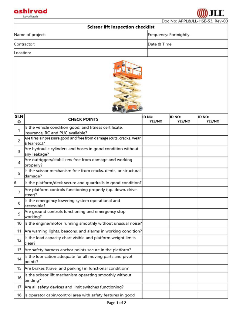Scissor Lift Inspection Checklist | PDF | Tire | Manufactured Goods