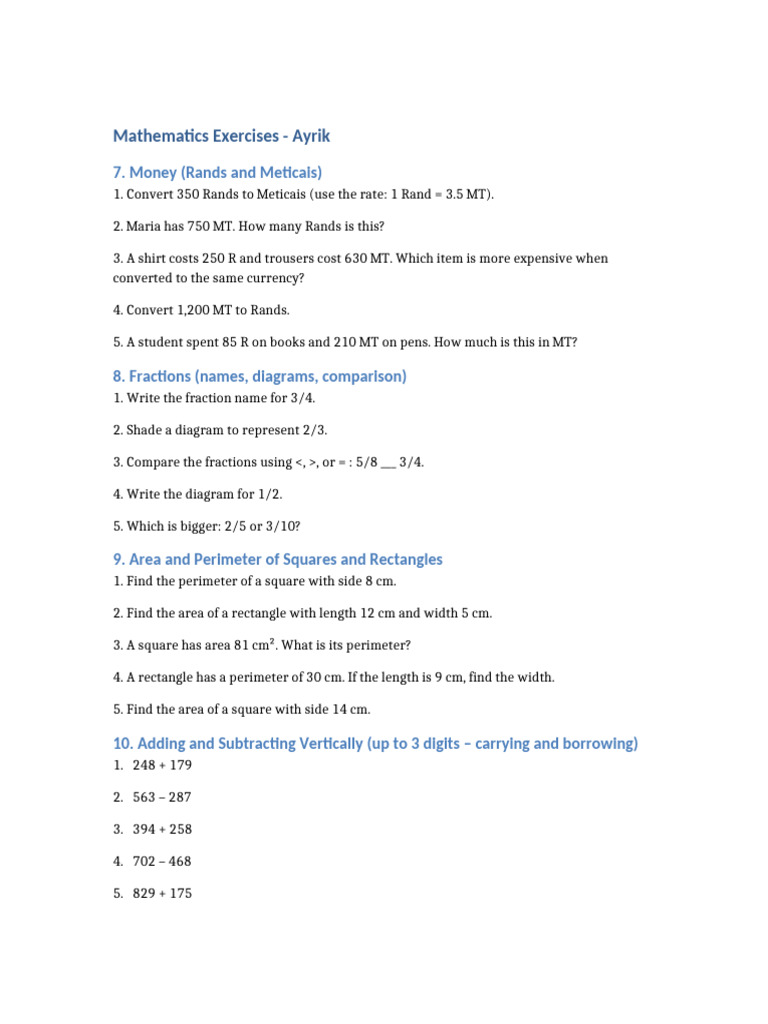 Math Exercises: Currency, Fractions, Area | PDF