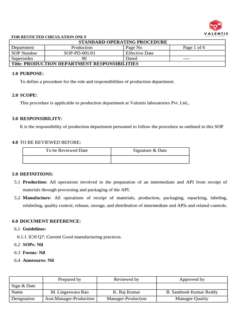 Pd-001 Production Department Responsibilities | PDF | Quality Assurance