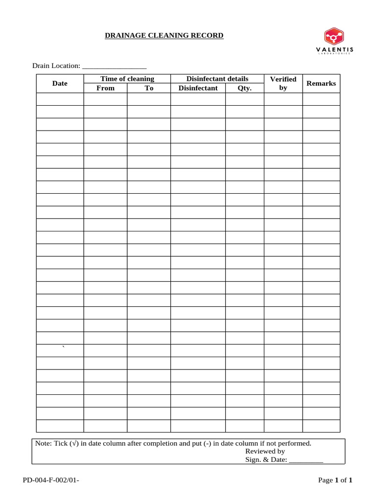F-02 004 Drainage Cleaning Record | PDF