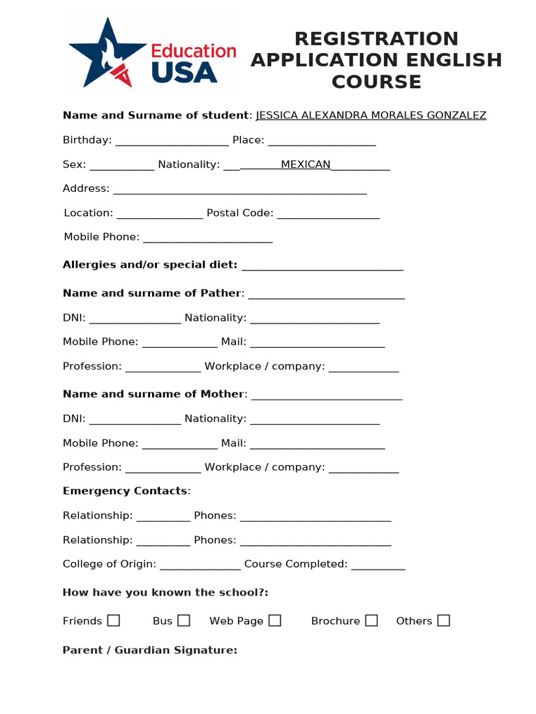 English Course Registration Form | PDF