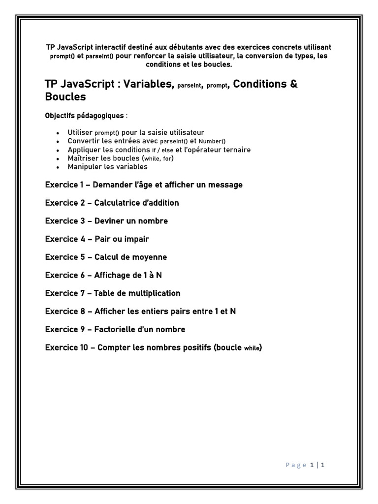 TP JavaScript : Exercices pour débutants | PDF