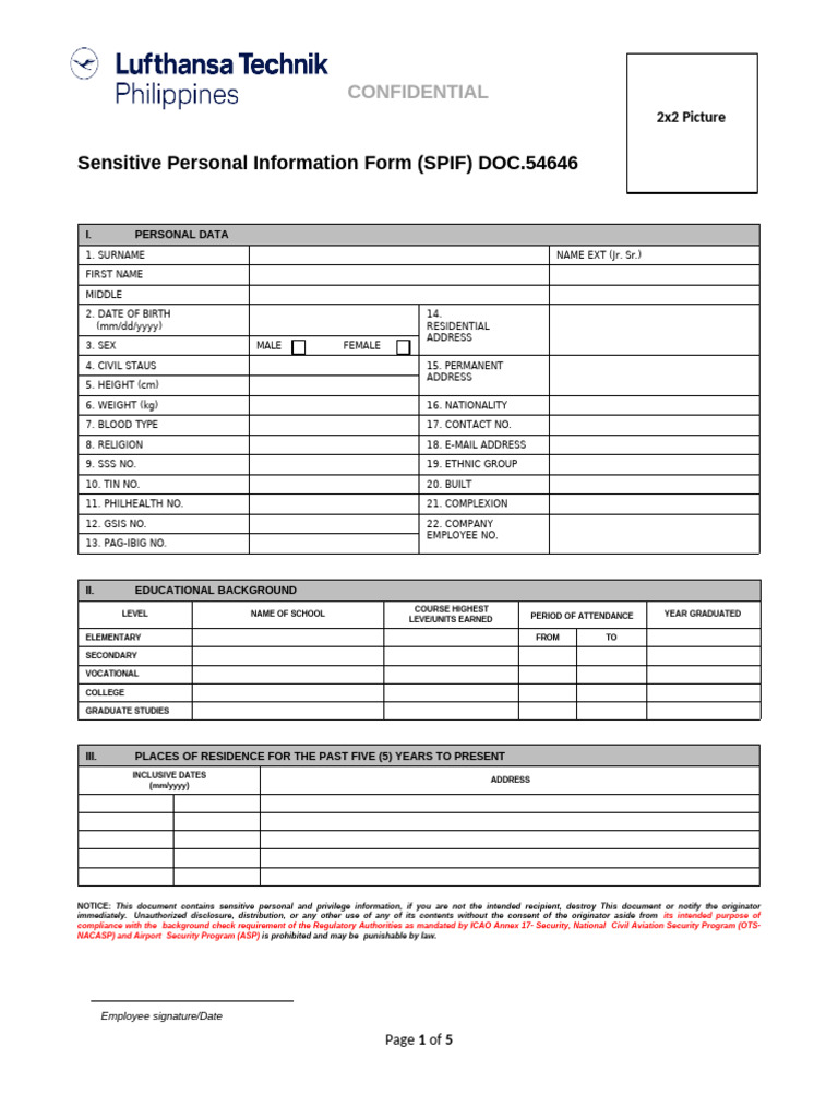 Sensitive Personal Information Form | PDF | Background Check | Airport ...