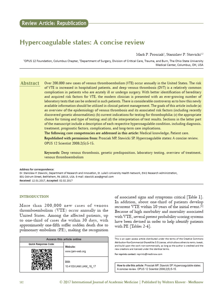 Hypercoagulable States A Concise Review.13 | PDF | Thrombosis | Medicine