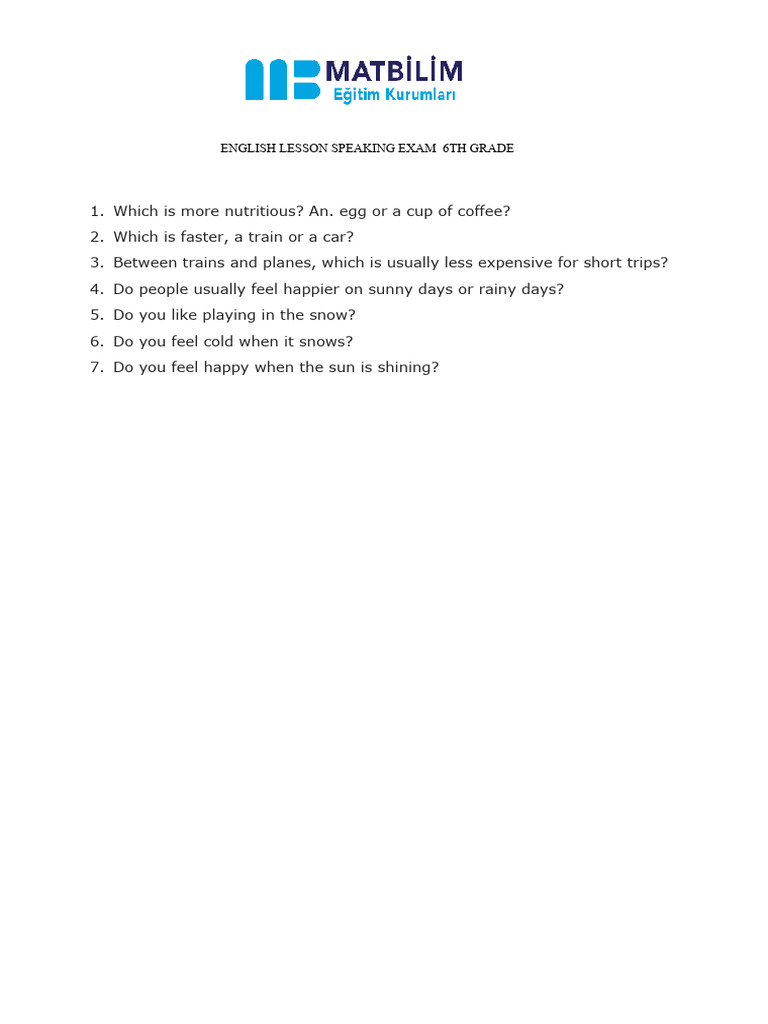 6th Grade English Speaking Exam Questions | PDF