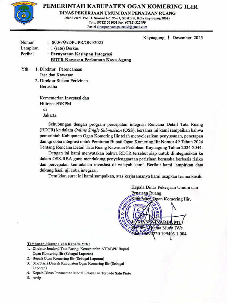 Surat Pernyataan Kesiapan Integrasi RDTR | PDF