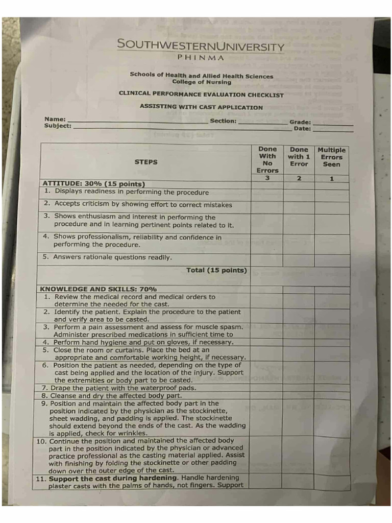 Assisting in Cast Application Retdem Checklist | PDF