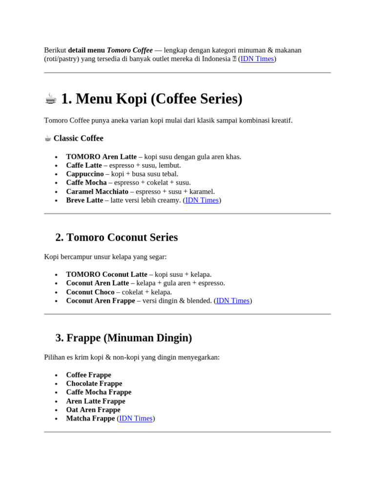 Menu Lengkap Tomoro Coffee Indonesia | PDF