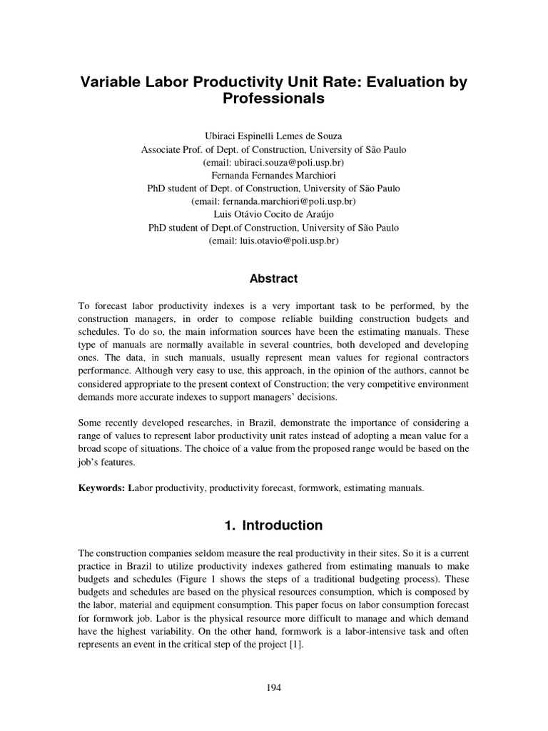 Variable Labor Productivity Unit Rate Ev | PDF | Forecasting | Median