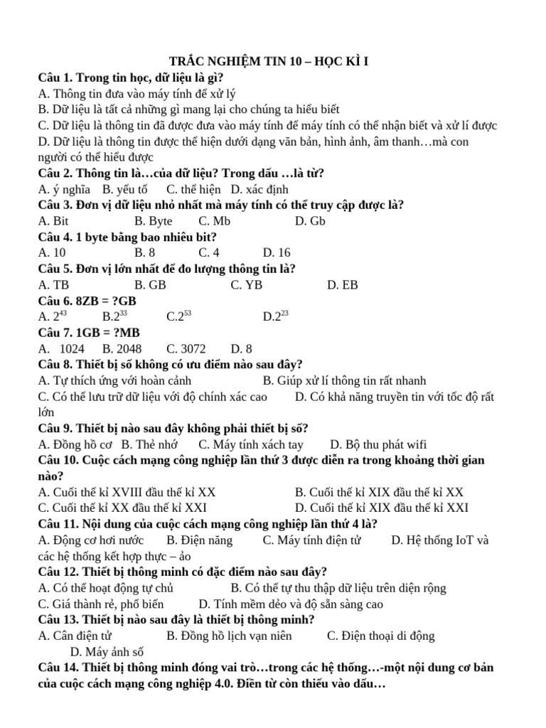 ĐỀ CƯƠNG TIN 10 HK1 | PDF