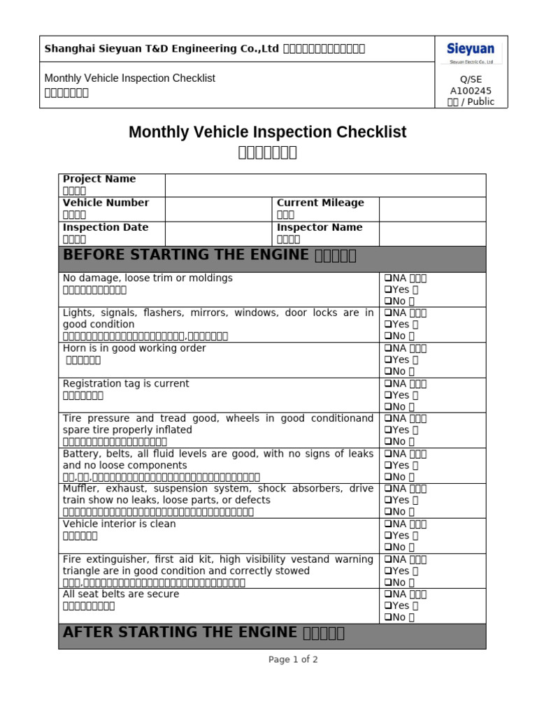 QSE A100245 Monthly Vehicle Inspection Checklist | PDF