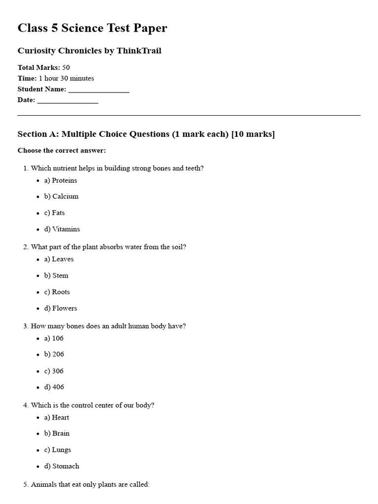 Class 5 Science Test Paper Guide | PDF | Plants | Foods