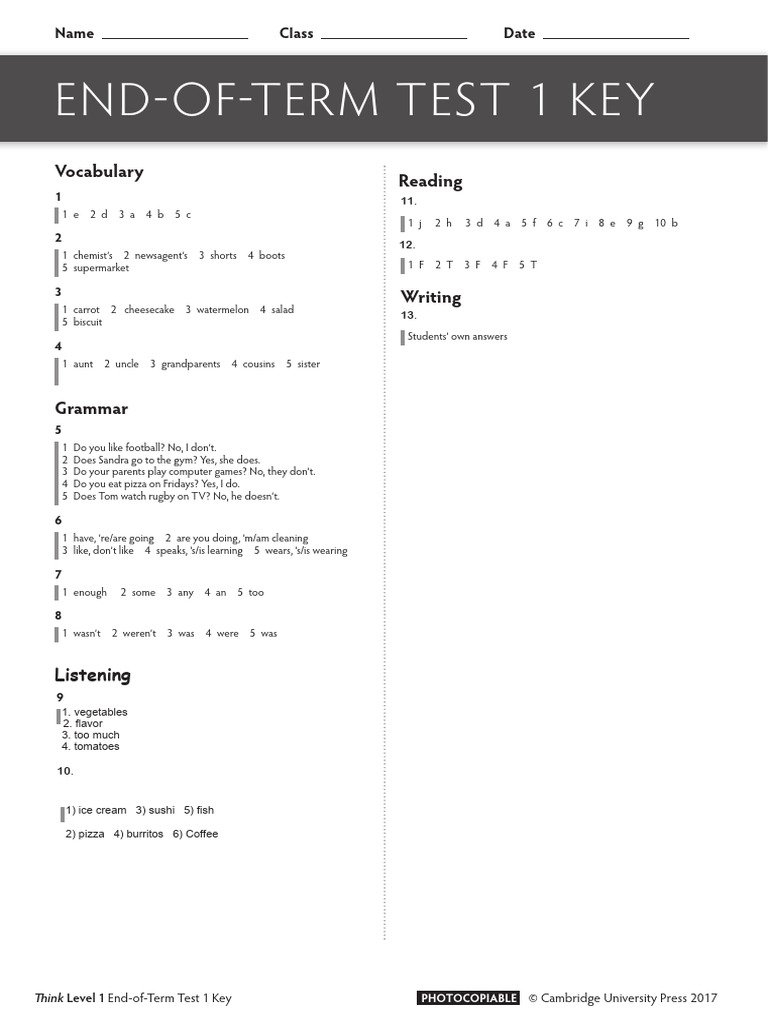 THINK - l1 EOT Test Key 1 | PDF