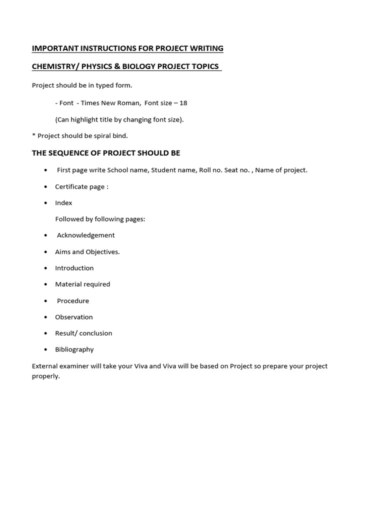 Instructions For Project Writing - Chemistry-Physics-Biology | PDF
