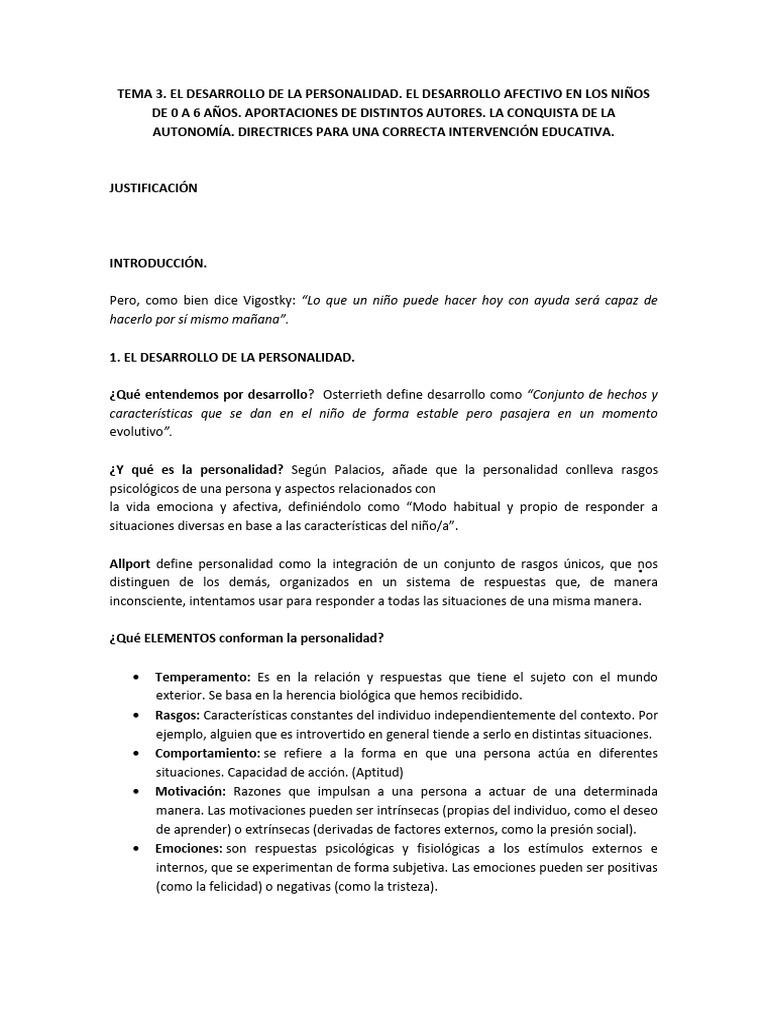 Desarrollo de la Personalidad Infantil | PDF | Teoría de apego | Las ...