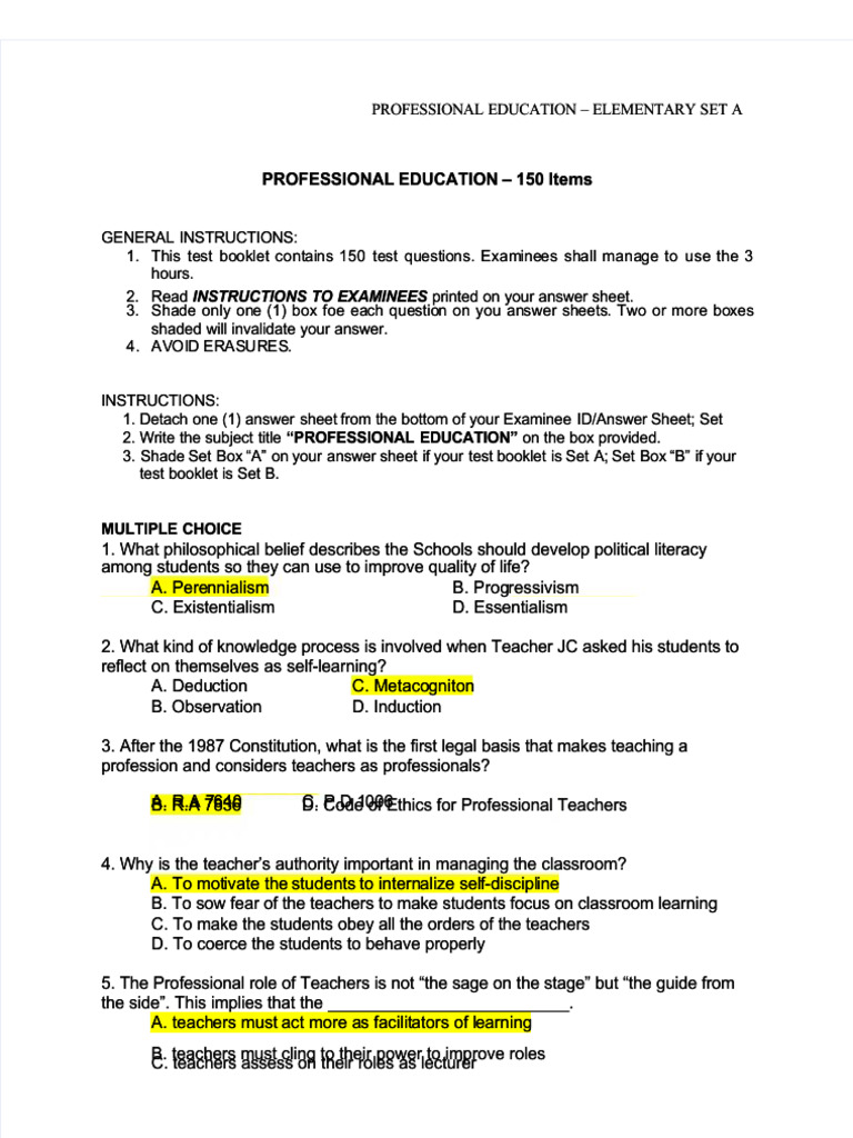 Professional Education Test Questions Set A | PDF | Curriculum | Teachers