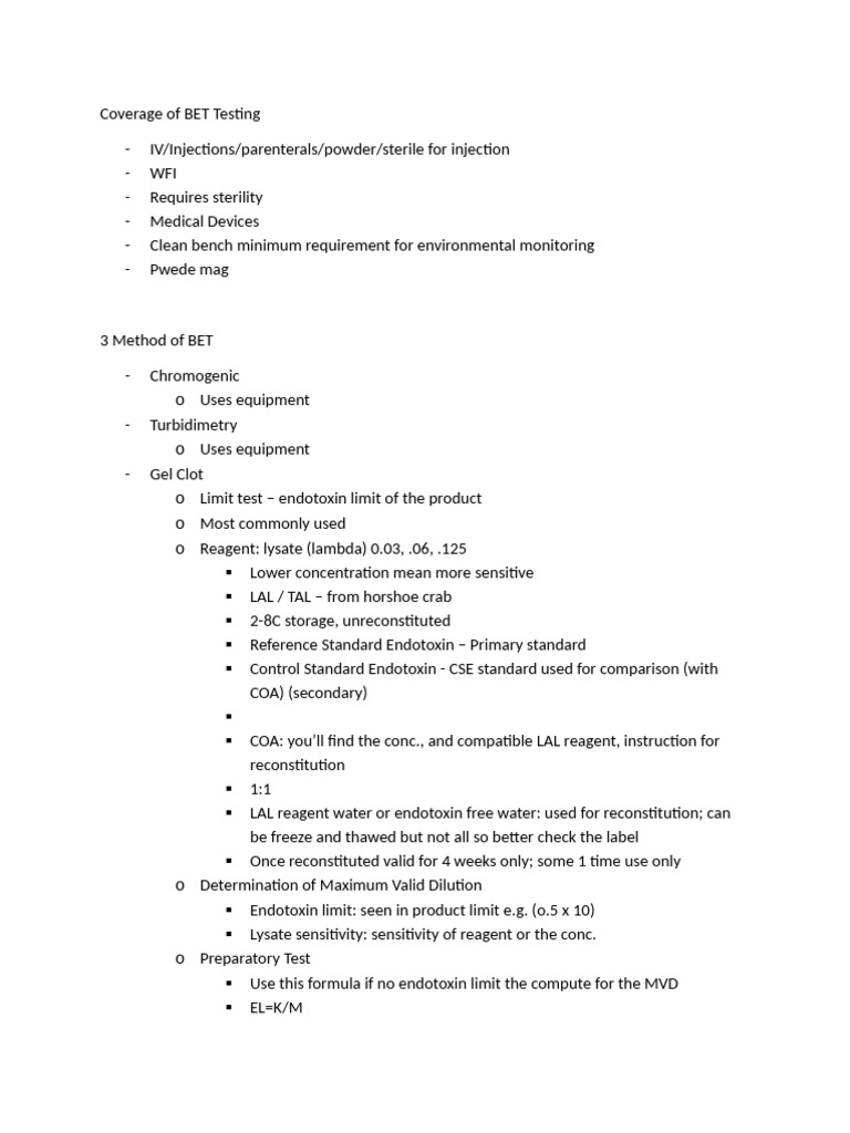 BET and Sterility Testing - Notes | PDF