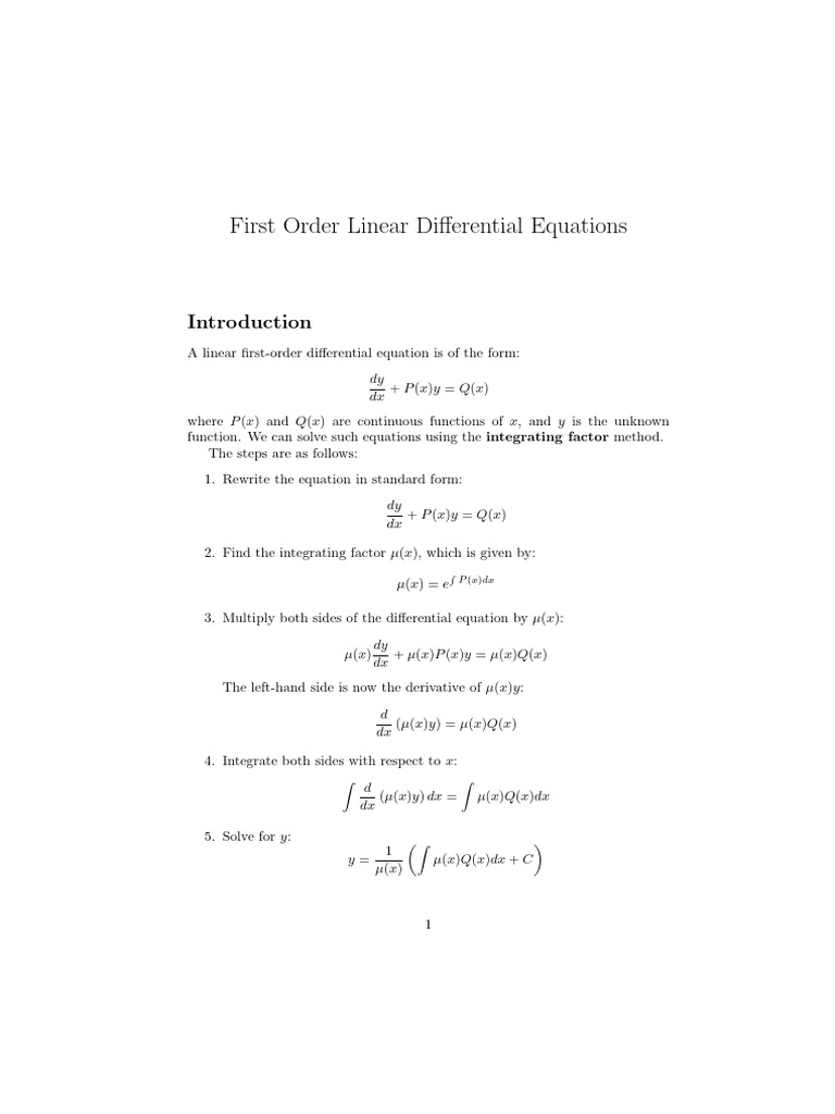First Order Linear Differential Equations | PDF | Mathematical Concepts ...